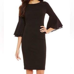 Calvin Klein Size 2 Black Dress Bell Sleeves/Lace Underlay Gold Zipper Cocktail